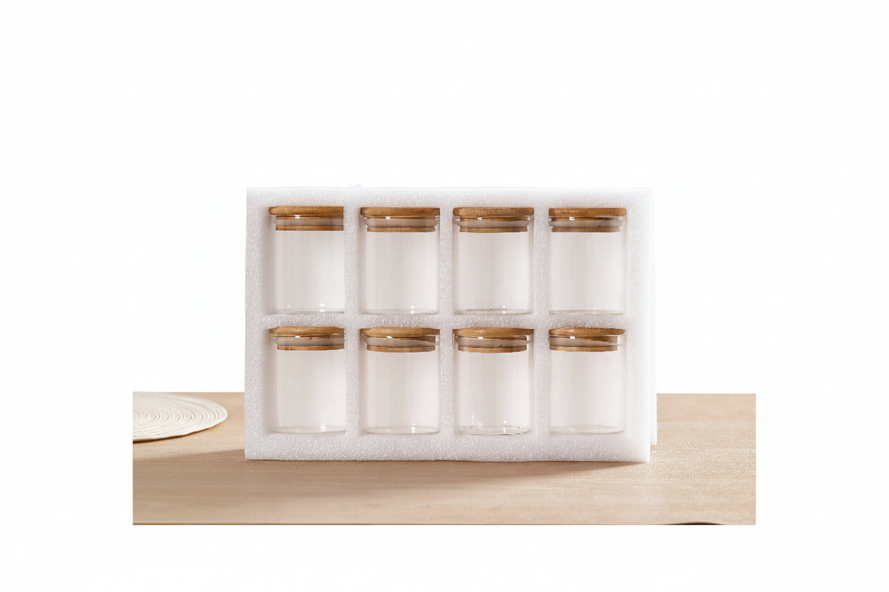 8 - pack Stilrena Glasburkar med Bambulock – Ordning & Fräschör