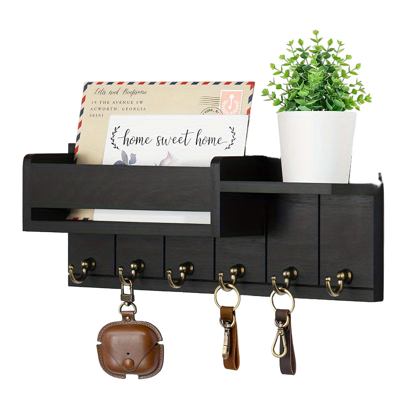 Rustik Nyckelhållare i Trä – Väggmonterad med Brevfack & Bricka