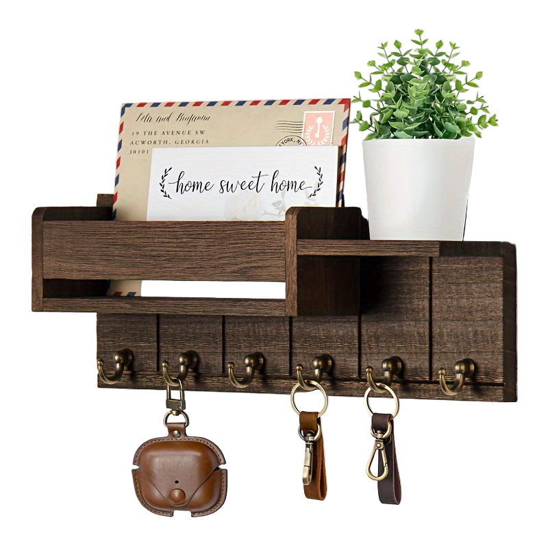 Rustik Nyckelhållare i Trä – Väggmonterad med Brevfack & Bricka