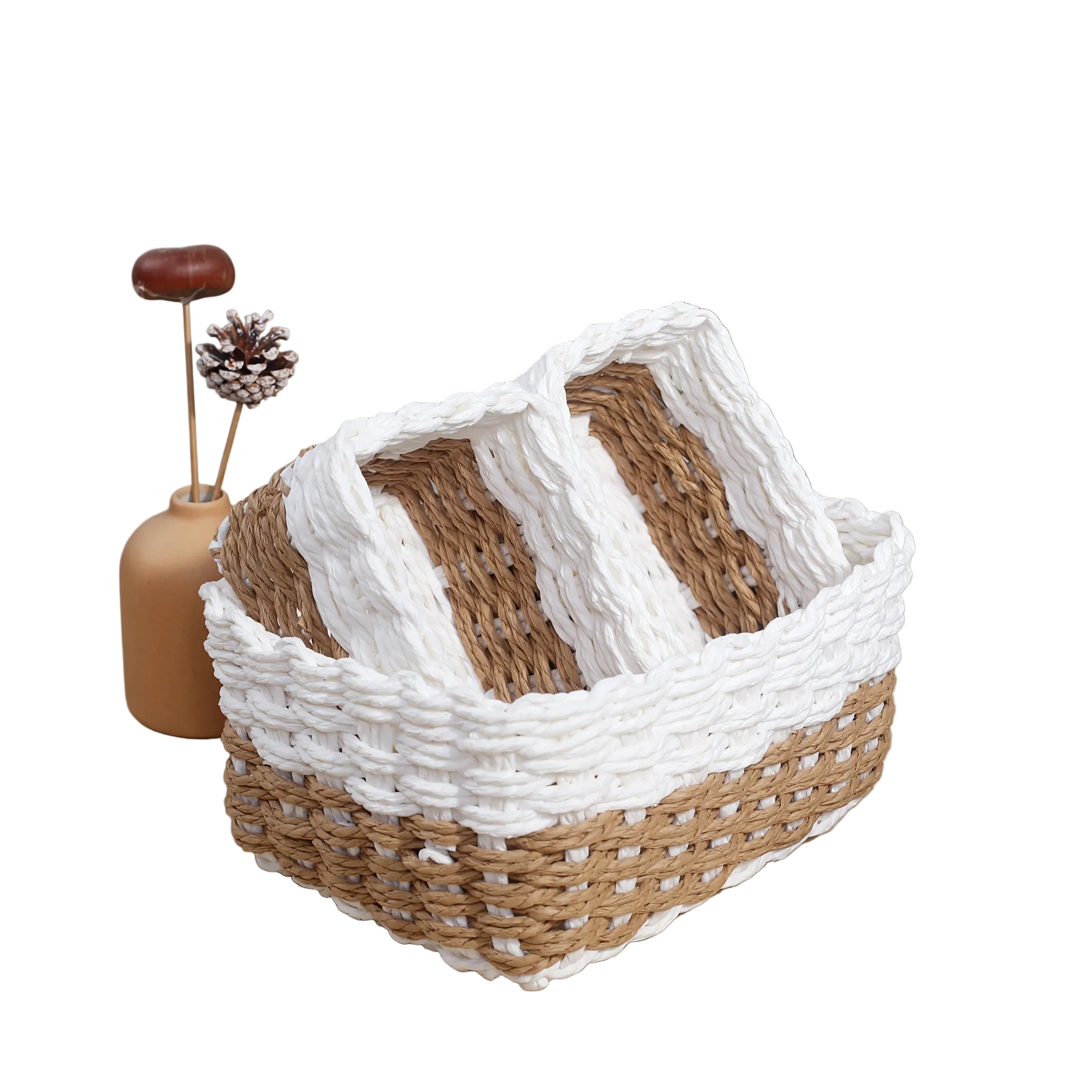 3-delars Set Handvävda Förvaringskorgar i Beige/Vitt