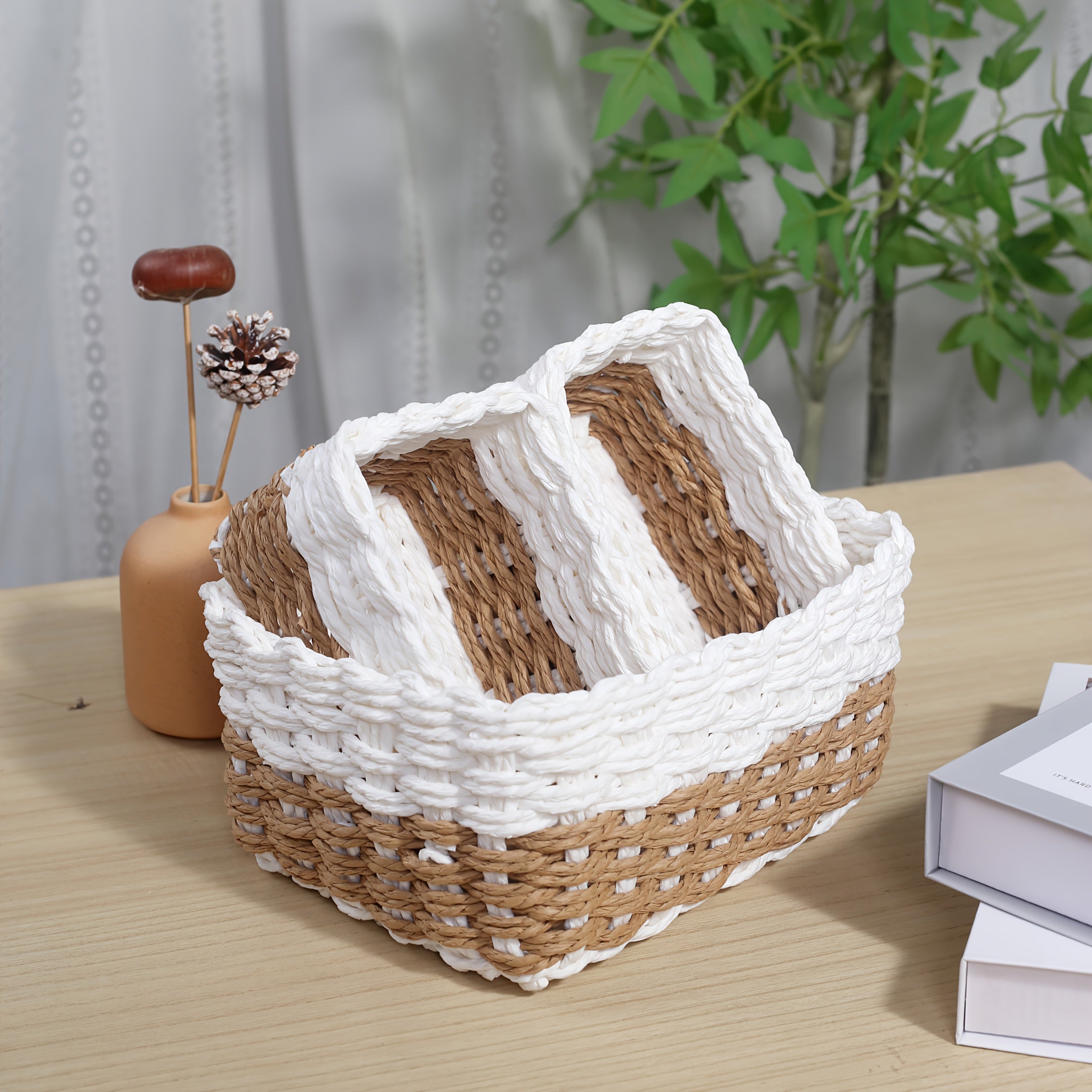 3-delars Set Handvävda Förvaringskorgar i Beige/Vitt