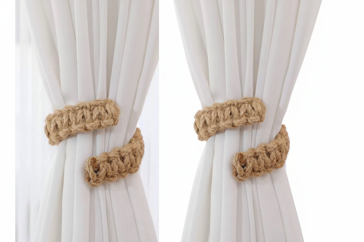 Handflätade gardinomtag i linne med flexibel form