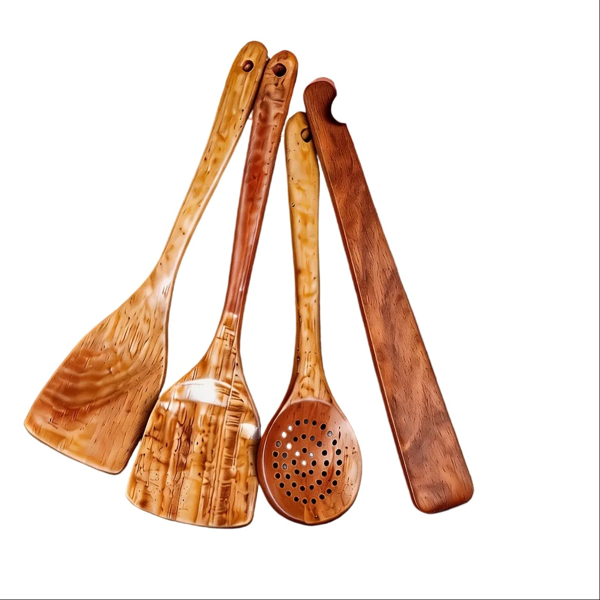 4 st Handgjorda Köksredskap i Naturlig Teak