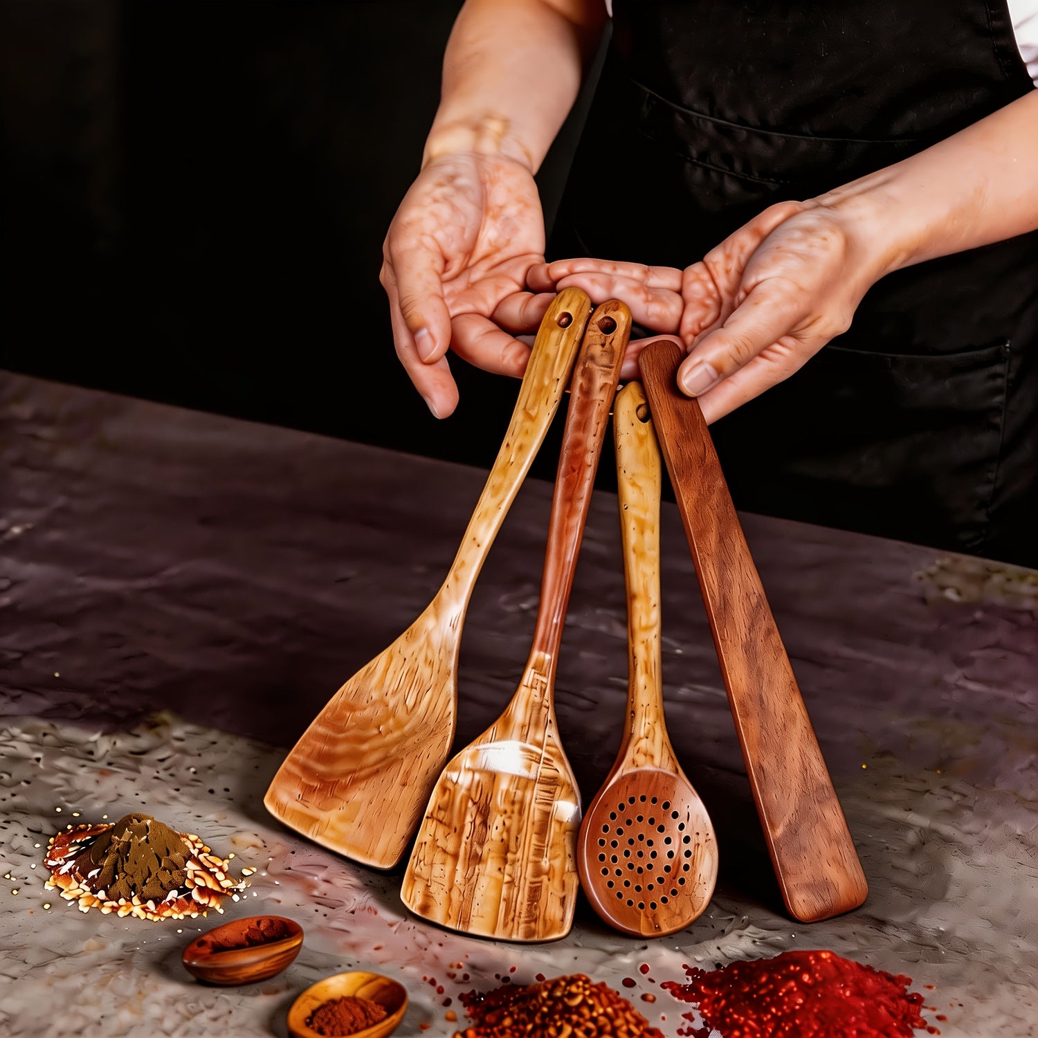 4 st Handgjorda Köksredskap i Naturlig Teak