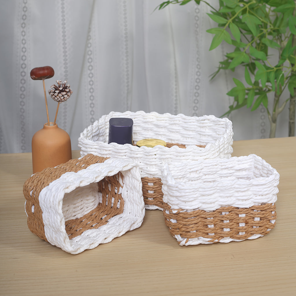 3-delars Set Handvävda Förvaringskorgar i Beige/Vitt