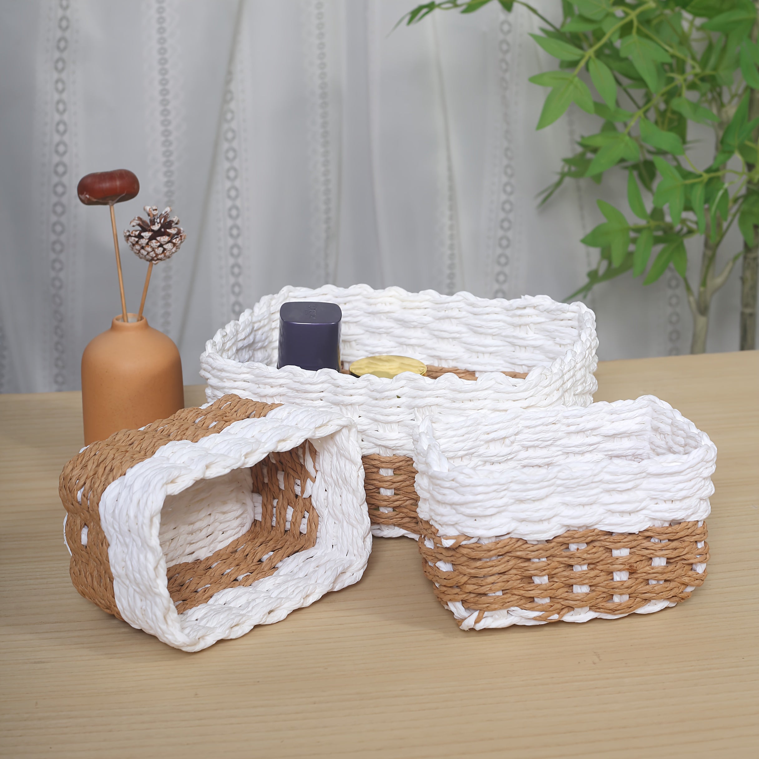 3-delars Set Handvävda Förvaringskorgar i Beige/Vitt