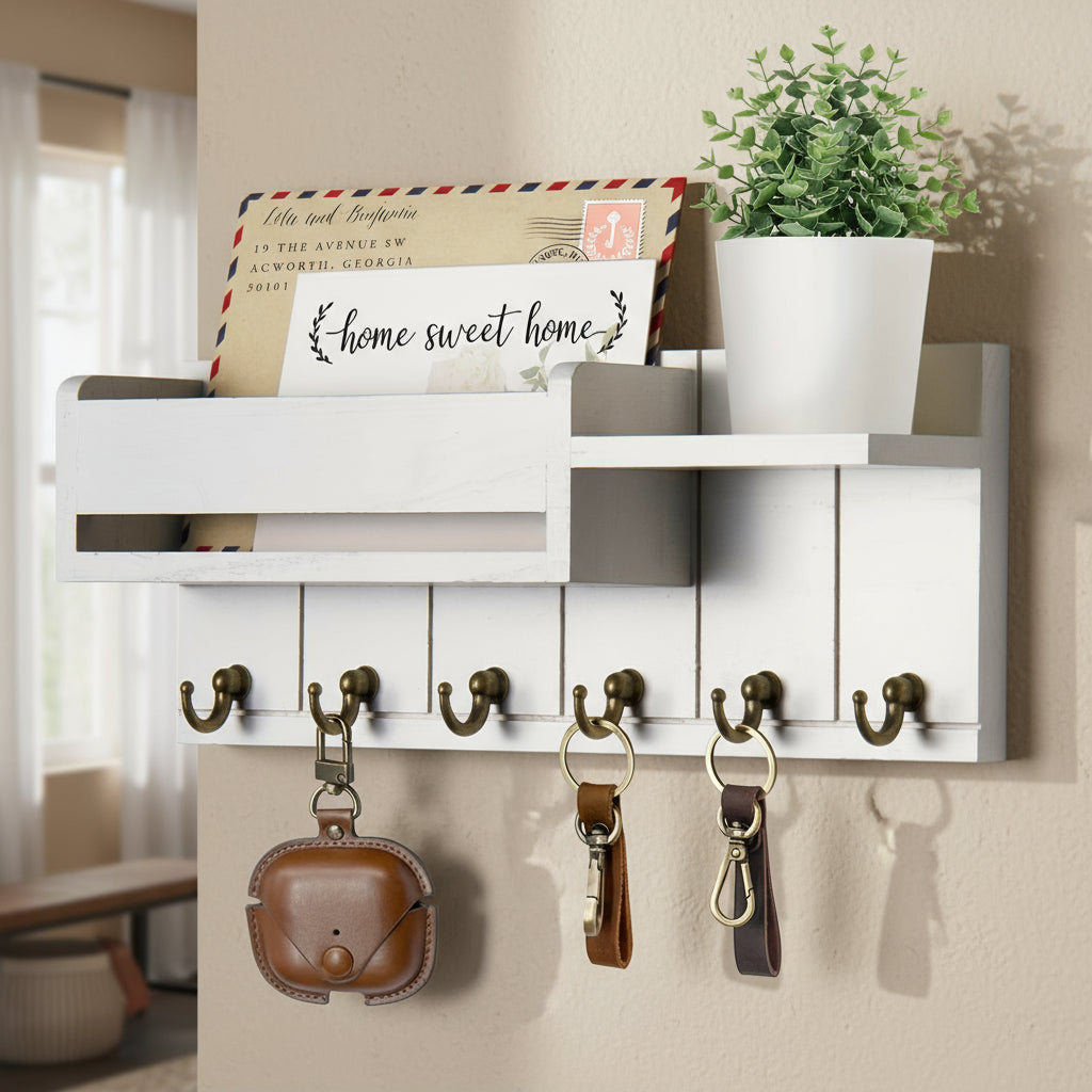 Rustik Nyckelhållare i Trä – Väggmonterad med Brevfack & Bricka