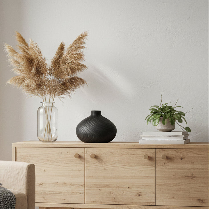 Svart Rund Trävas med Naturlig Ådring