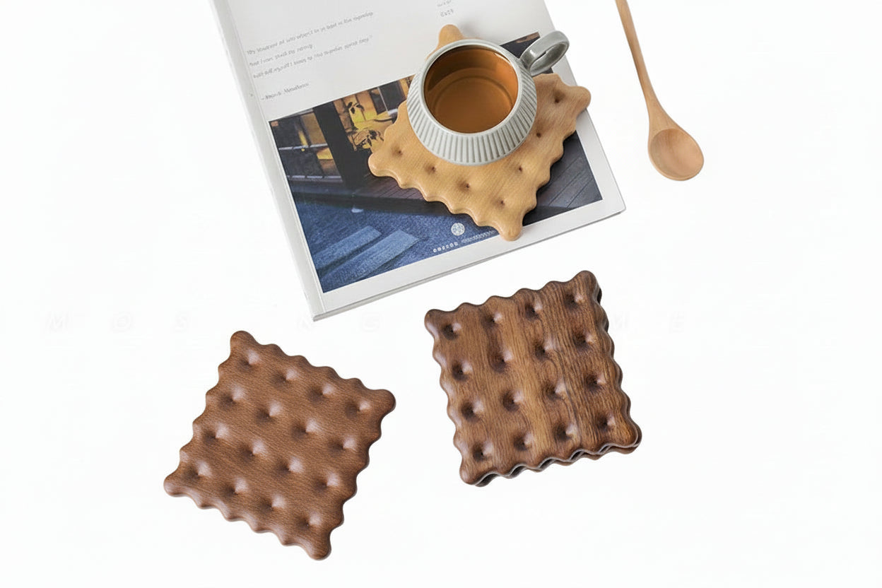 Cookie formade glasunderlägg i massivt trä