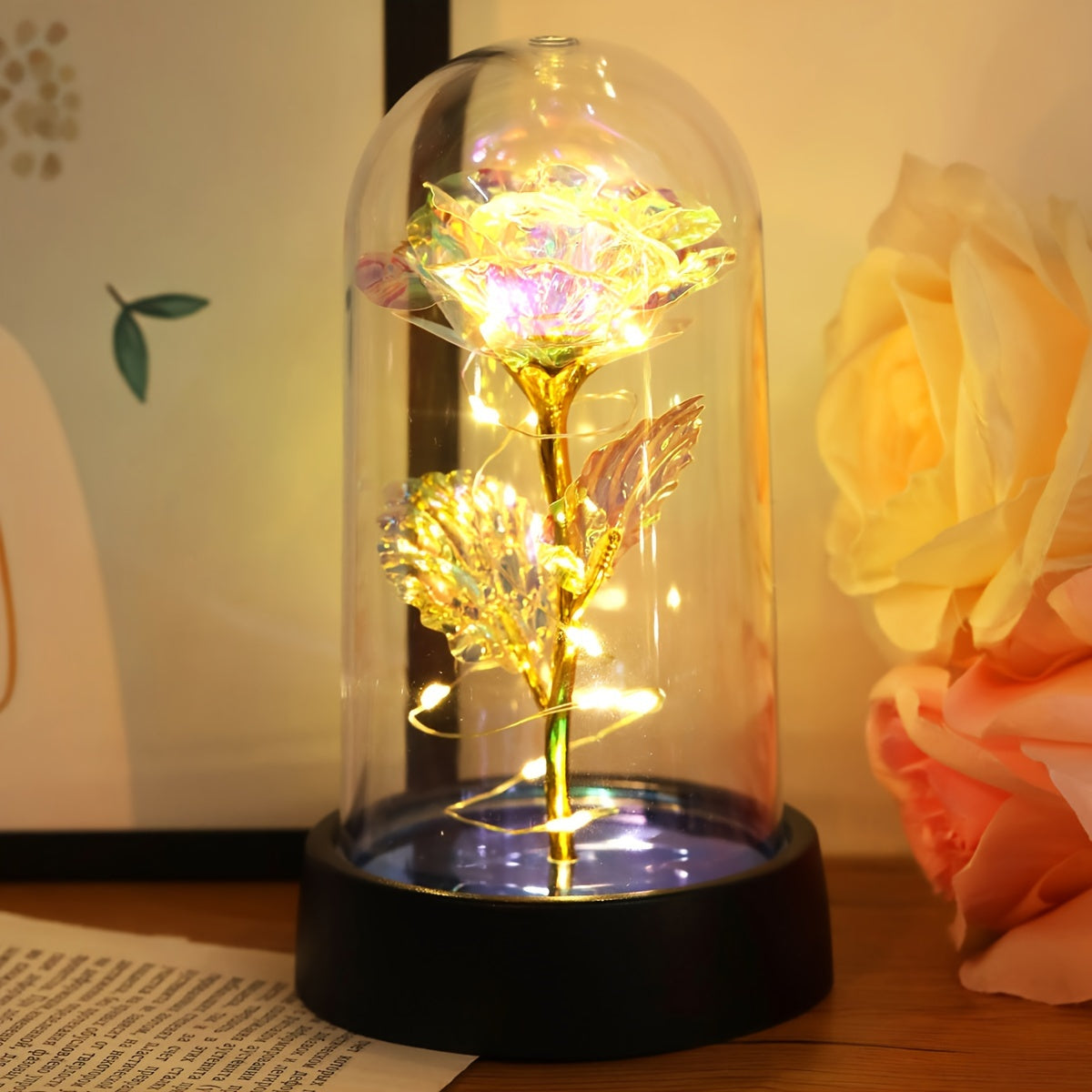Dekorativ Ros i Glas med LED-belysning
