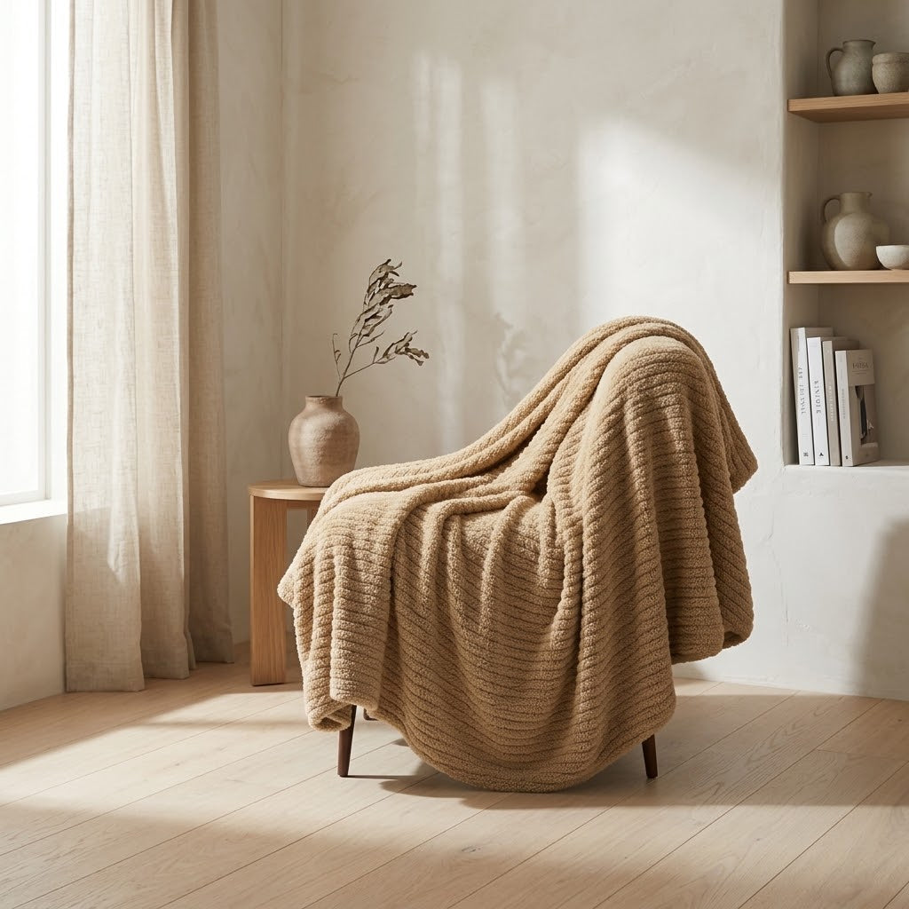 Pläd i Bouclé, Sandbeige