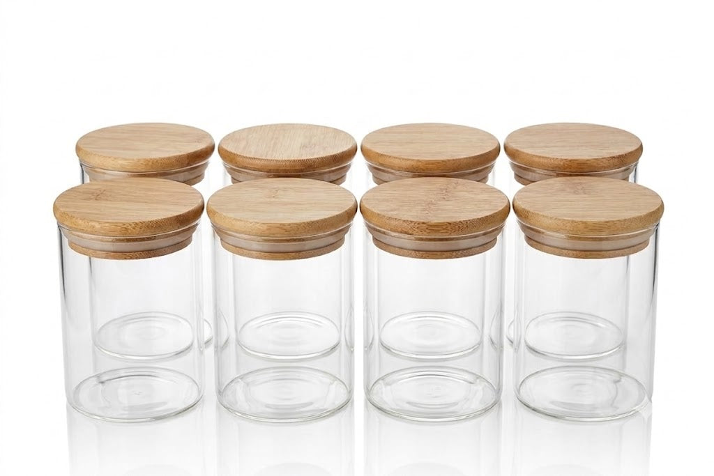 8 - pack Stilrena Glasburkar med Bambulock – Ordning & Fräschör