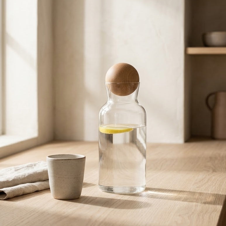 Vattenkaraff i Glas med Träkrok