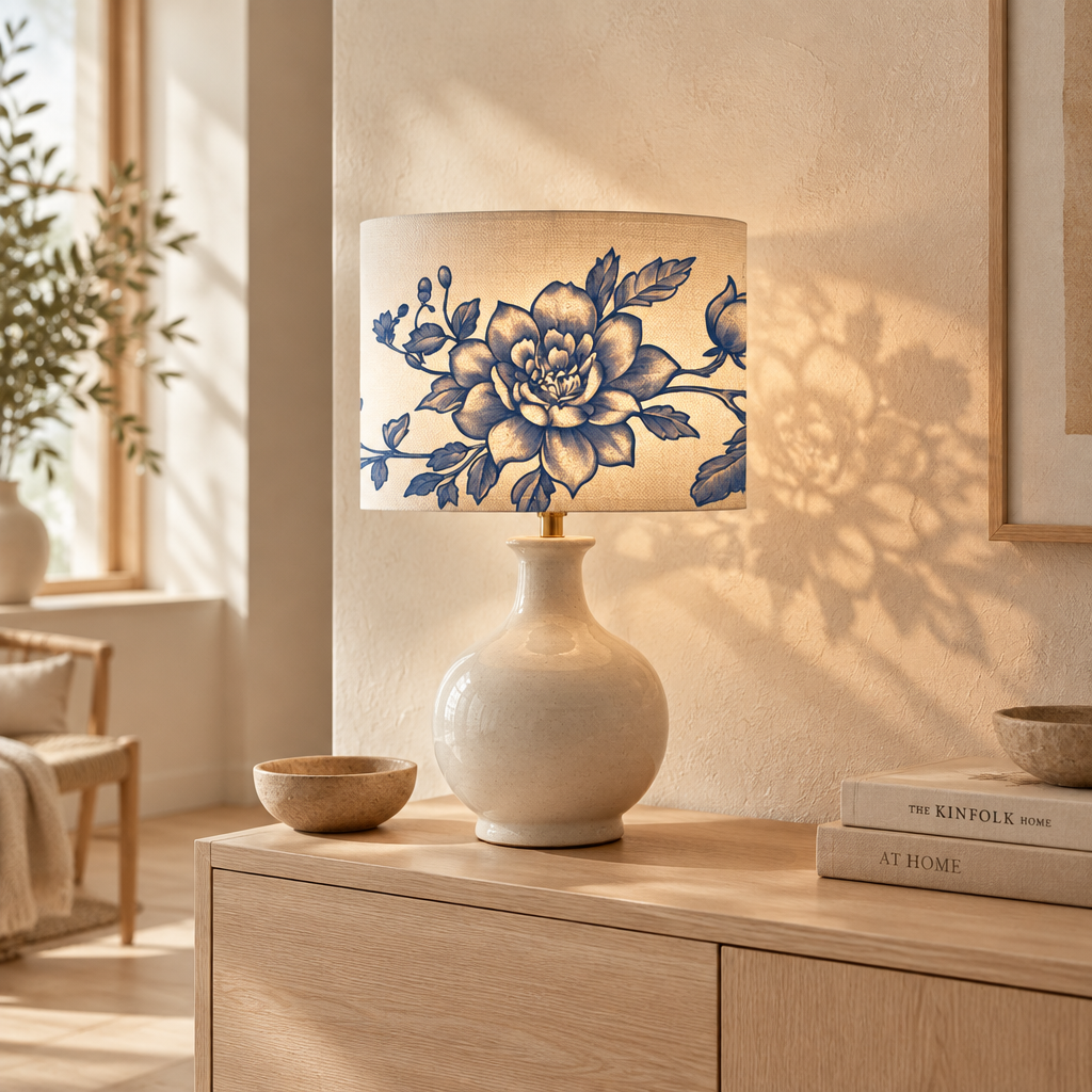 Lampskärm i metall med blå rosmönster, miljöbild