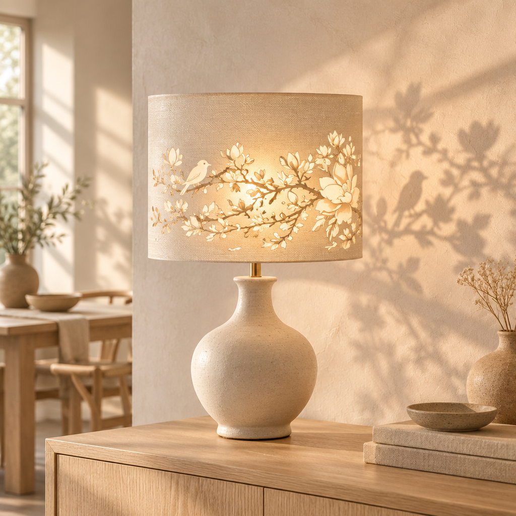 Lampskärm i metall med magnolia- och fågelmotiv, miljöbild