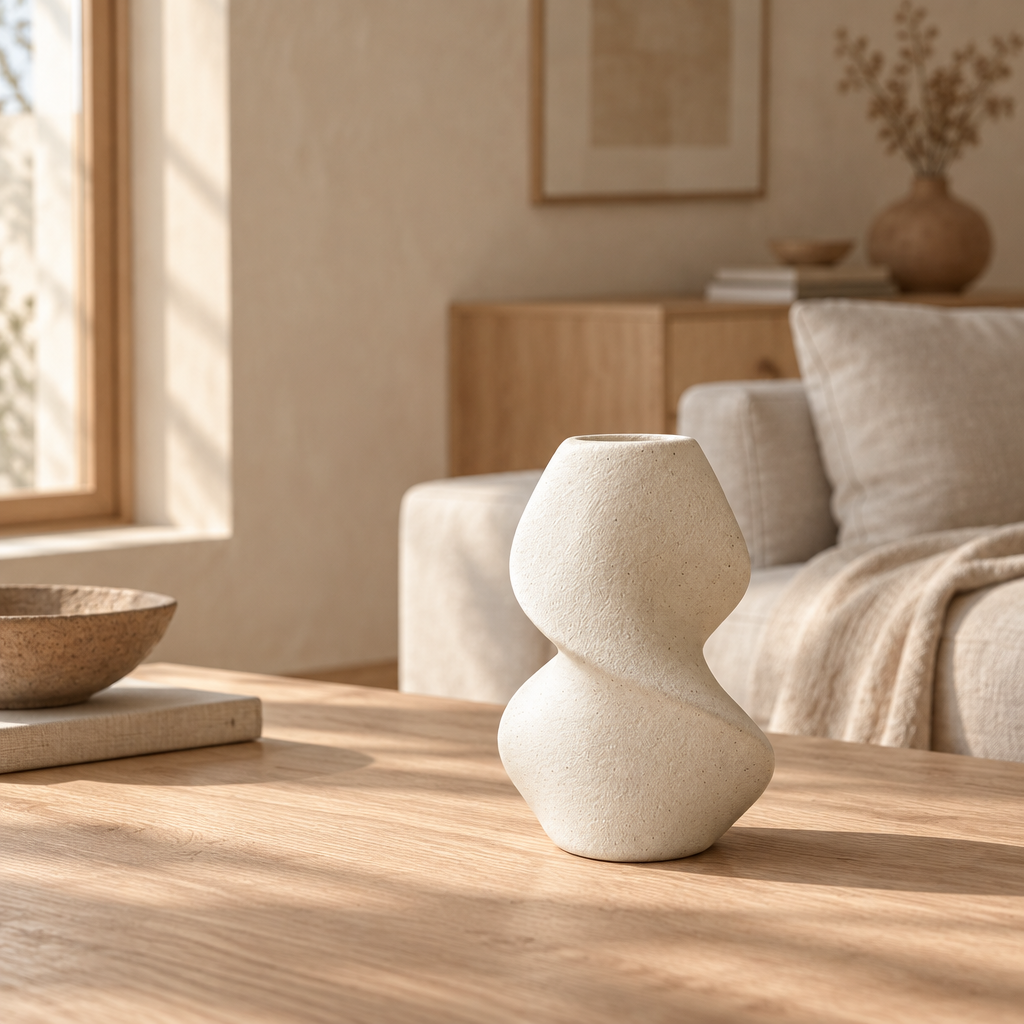 Oregelbunden keramikvas i wabi-sabi stil, miljöbild