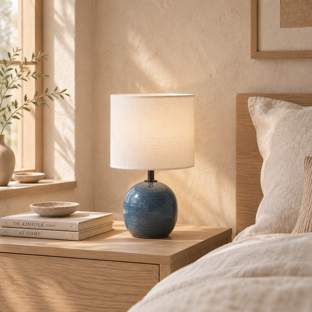 Bordslampa i blå keramik med vit tygskärm, miljöbild