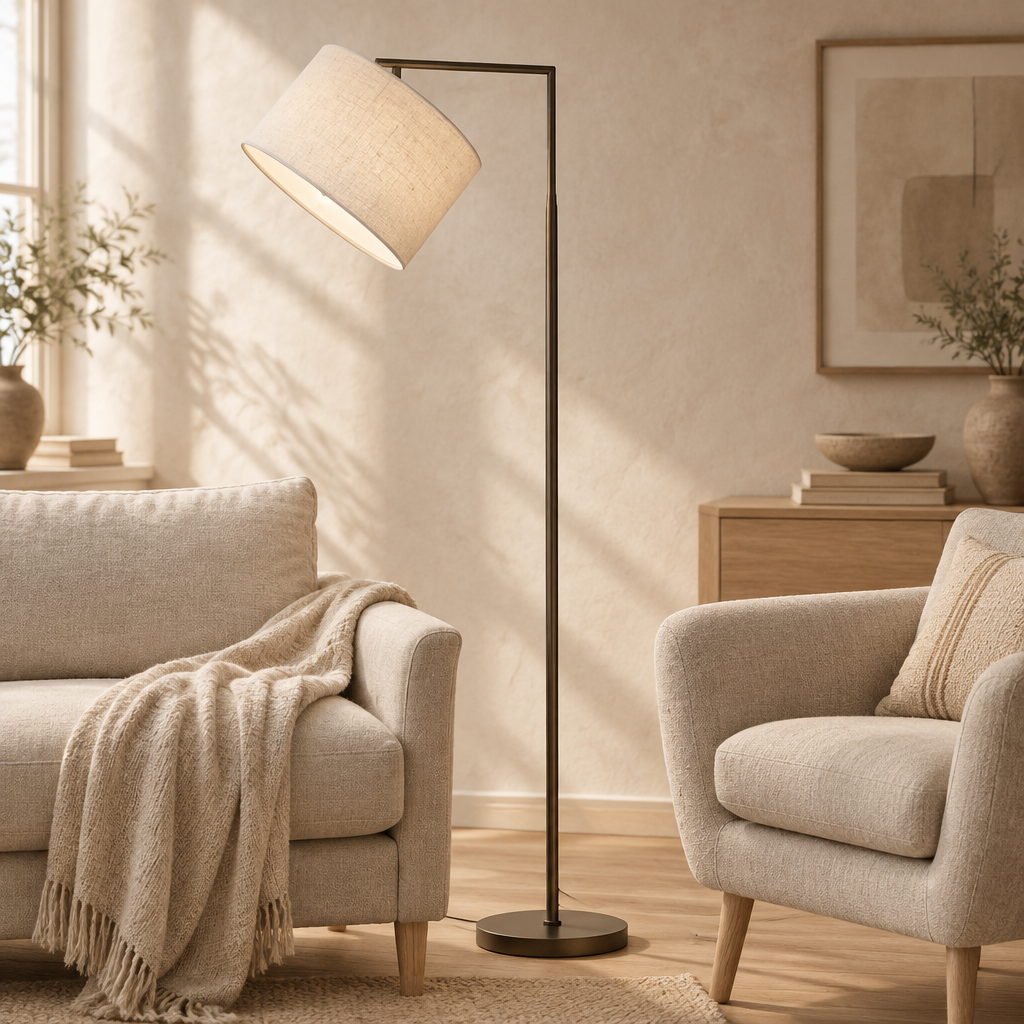 Justerbar golvlampa i metall med linneskärm, i japandi-inredning
