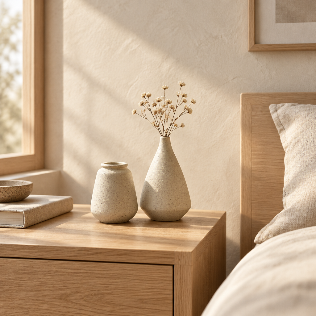 Handgjorda keramikvaser i beige, set om 2, i japandi-inredning