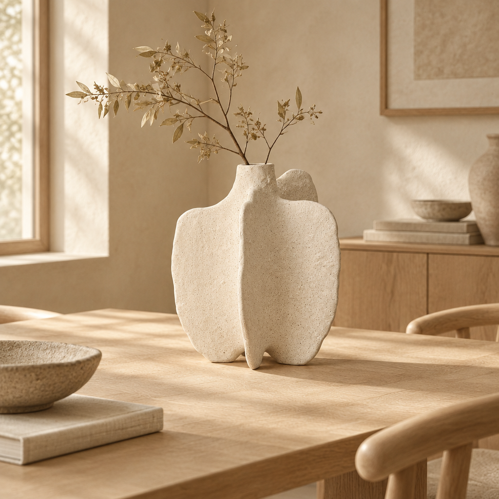 Oregelbunden keramikvas i beige, wabi-sabi stil, i japandi-inredning