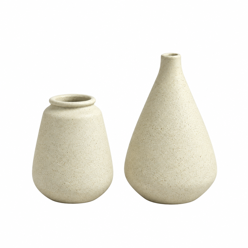 Handgjorda keramikvaser i beige, set om 2, vit bakgrund