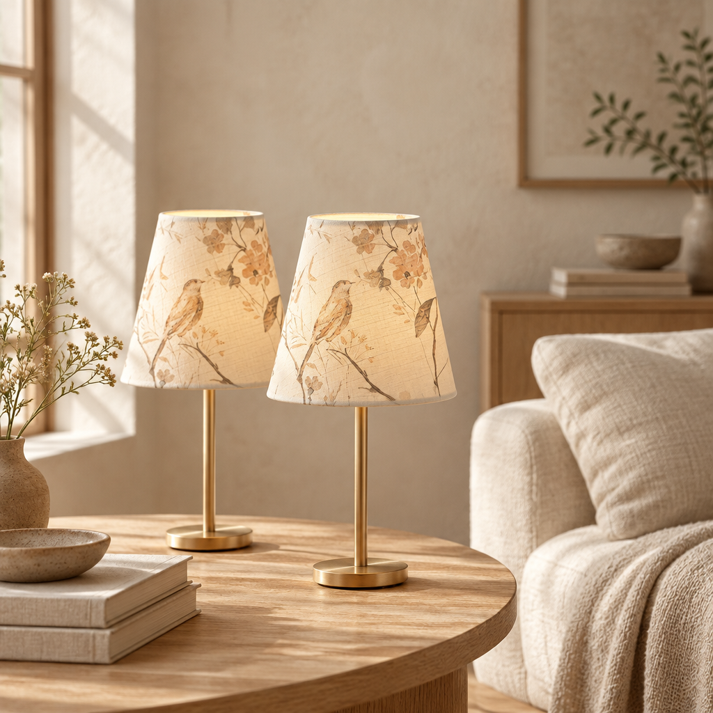Lampskärmar med fågel- och blommönster, 2-pack, i japandi-inredning