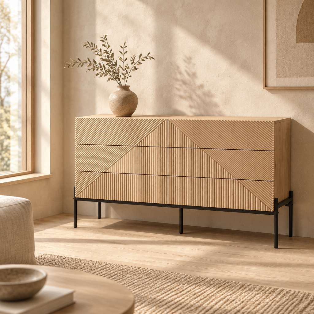 Sideboard i MDF med grafisk 3D-struktur, i Japandi-inredd miljö