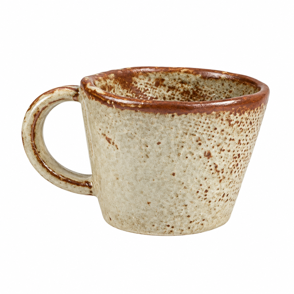 Handgjord stengodskopp i wabi-sabi stil, produktbild vit bakgrund