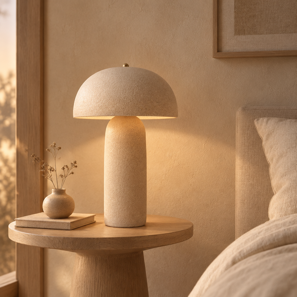 Japansk wabi-sabi bordslampa i keramik, i Japandi-inredd miljö