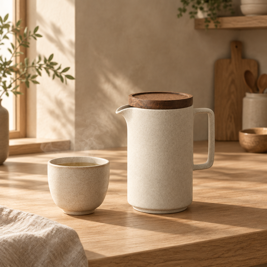 Keramisk tekanna i Japandi-inredd miljö