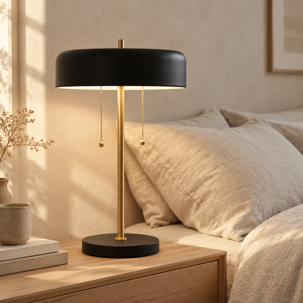 Bordslampa i metall med vit innerskärm i japandi-inspirerad miljö
