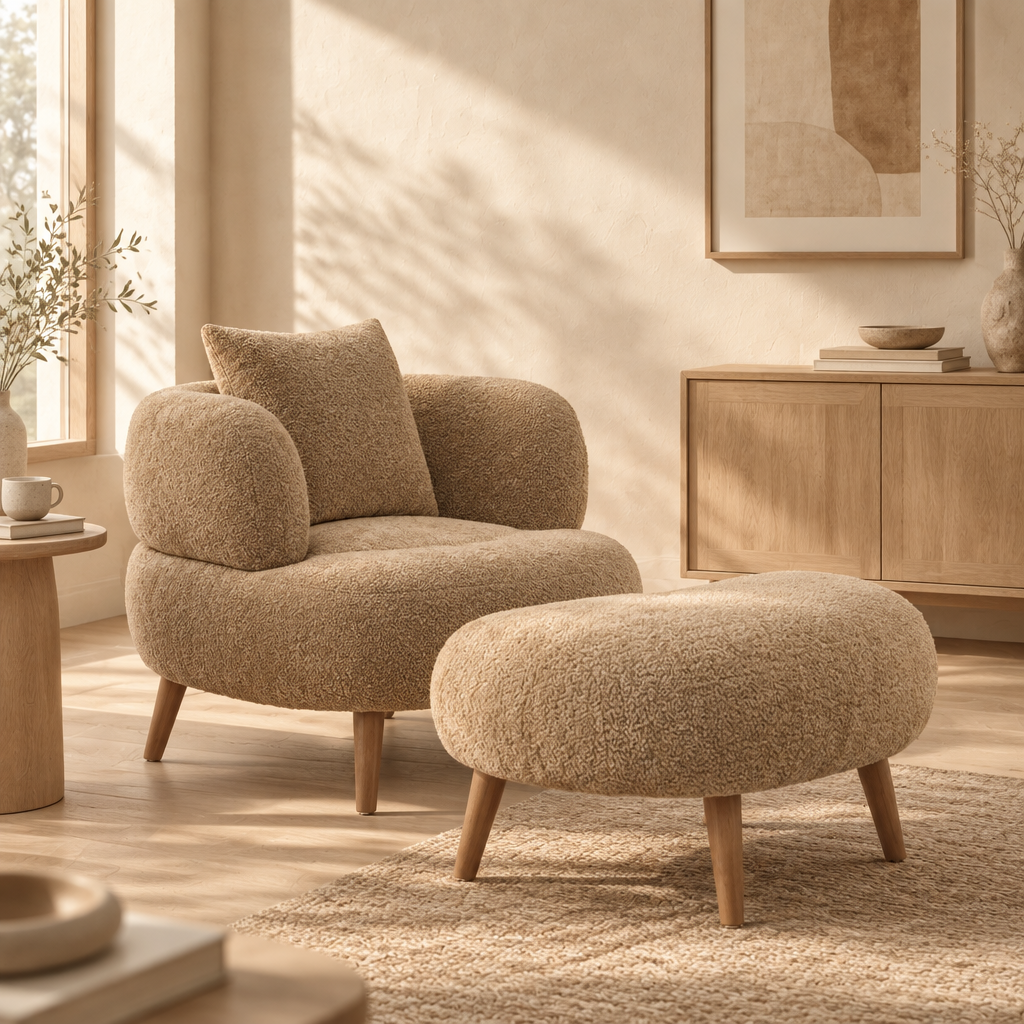 Sittsäck-fåtölj i chenille med pall i japandi-inspirerad miljö