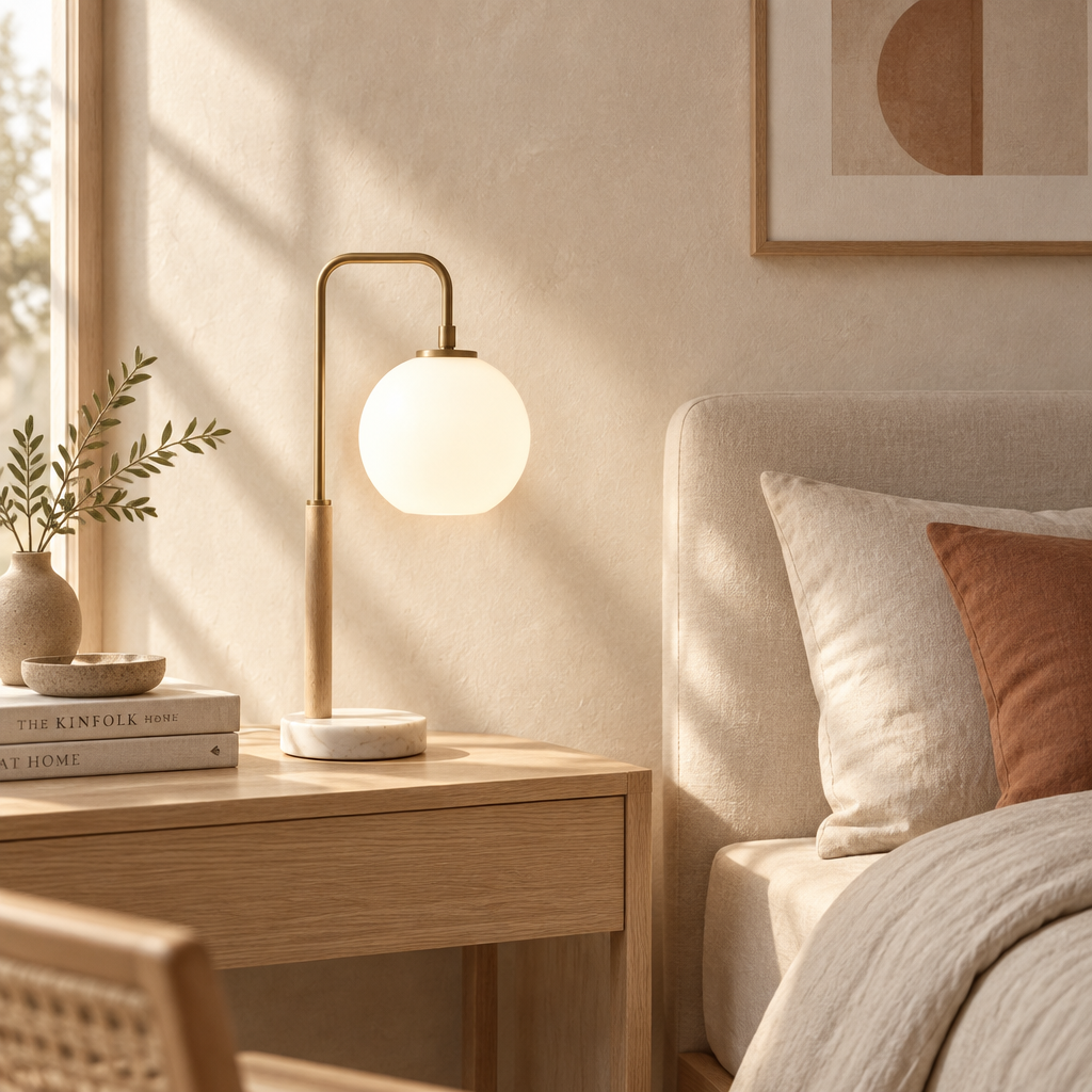Bordslampa med marmorfot och vit glob-skärm i japandi-inspirerad miljö