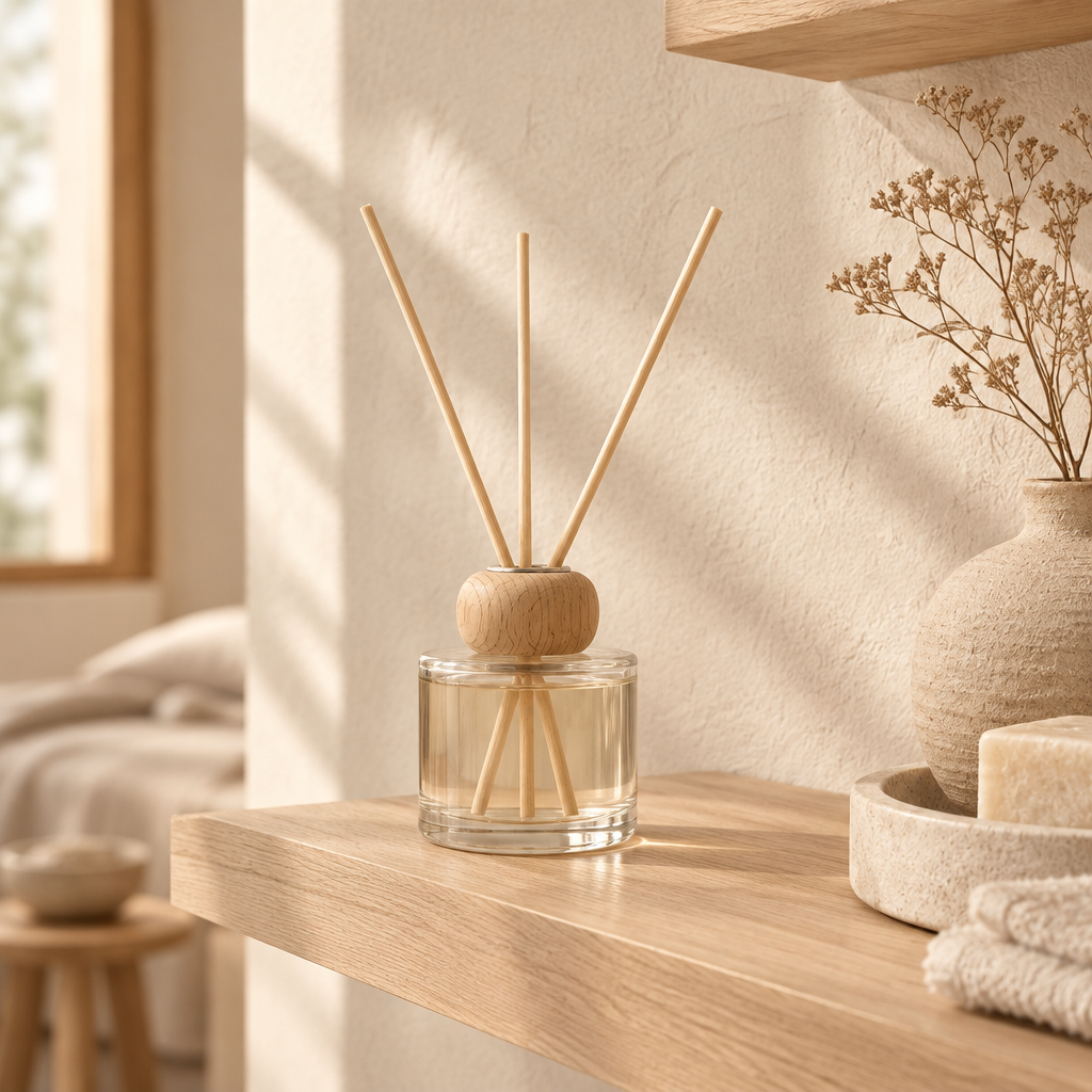 Doftpinnsflaska i glas i japandi-inspirerad miljö