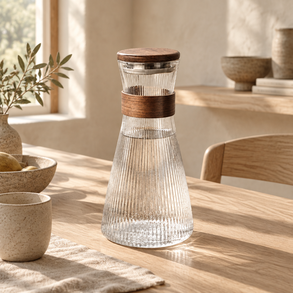 Vattenkanna i glas i japandi-inspirerad miljö