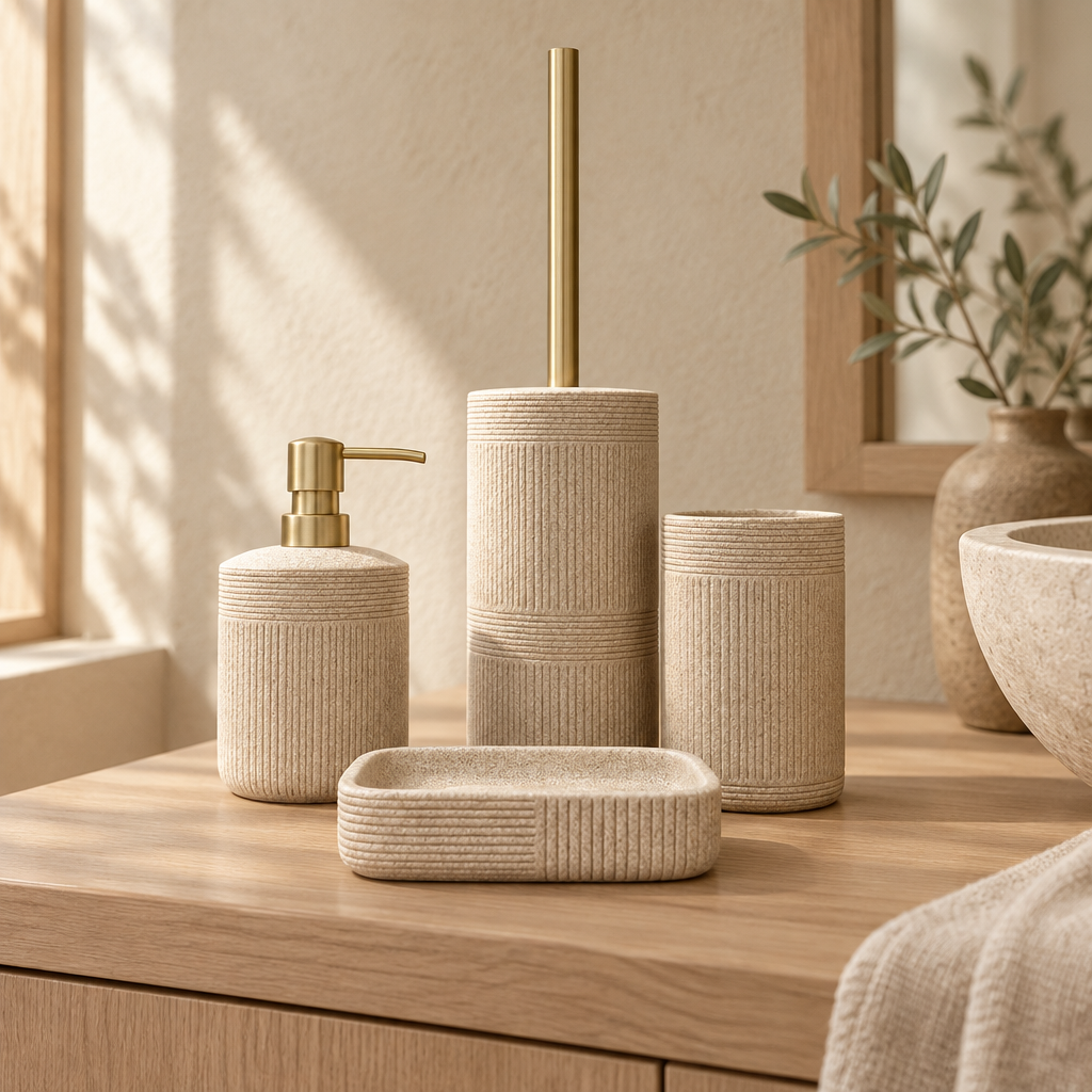Badrumsset i beige med gulddetaljer på badrumsbänk