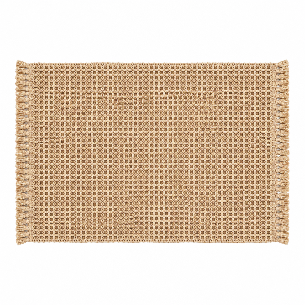 Vävd badrumsmatta i beige, produktbild på vit bakgrund