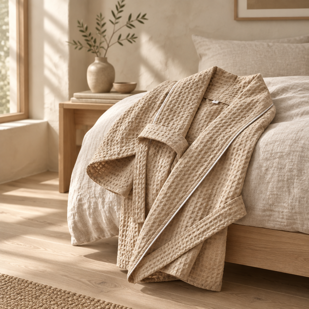 Beige våffelmönstrad badrock draperad på säng