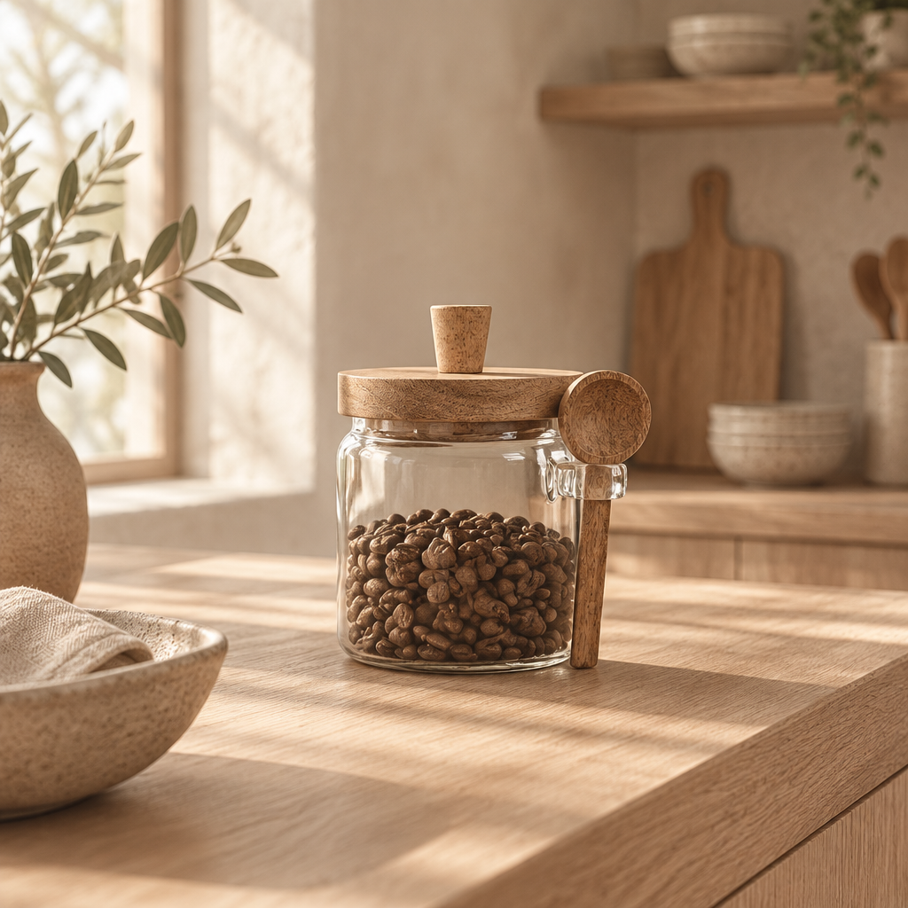 Kaffebönburk i glas i Japandi-kök