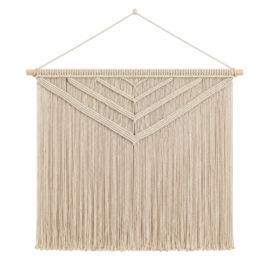Handvävd väggtextil i khaki, vit bakgrund