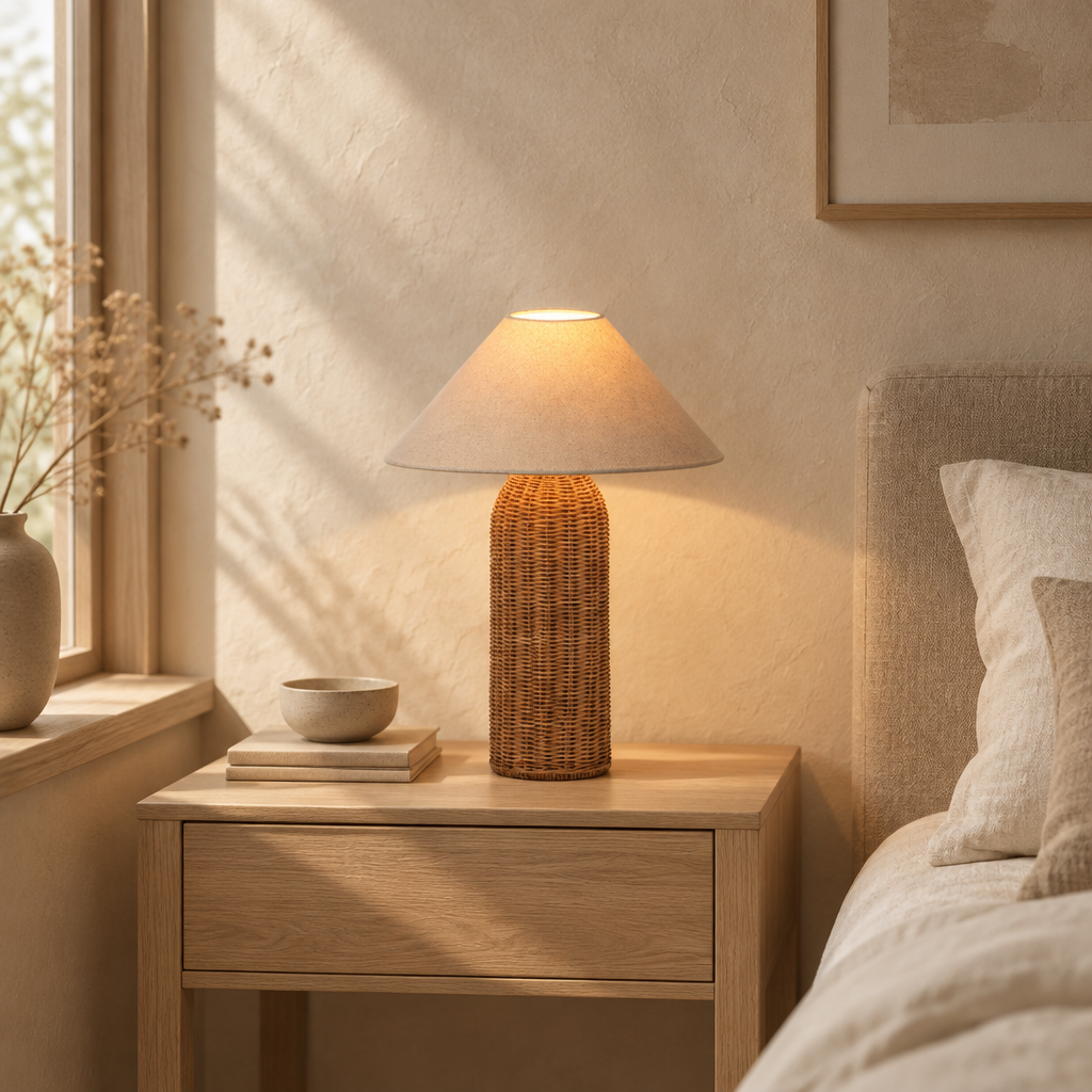 Bordslampa i wabi-sabi stil med varmt ljus på sängbord