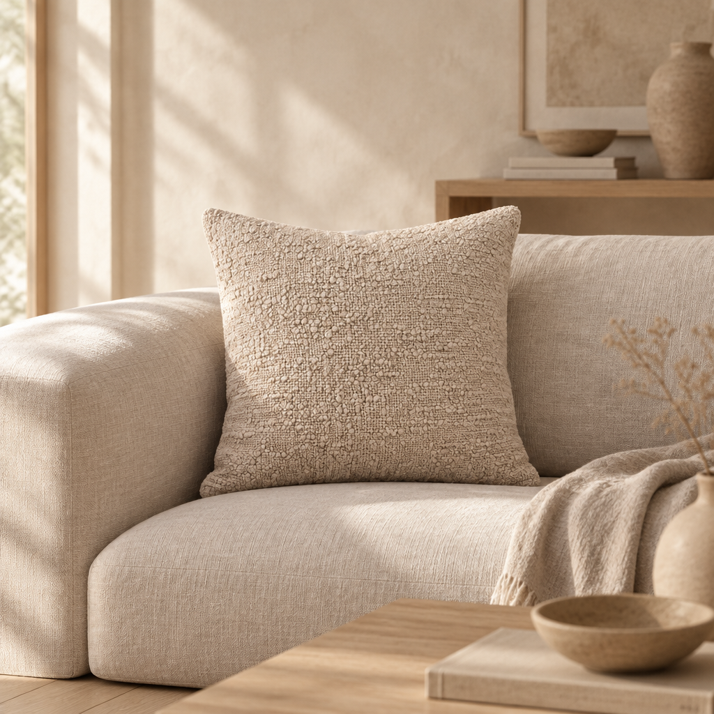 Beige bouclékudde i en ljus linnesoffa