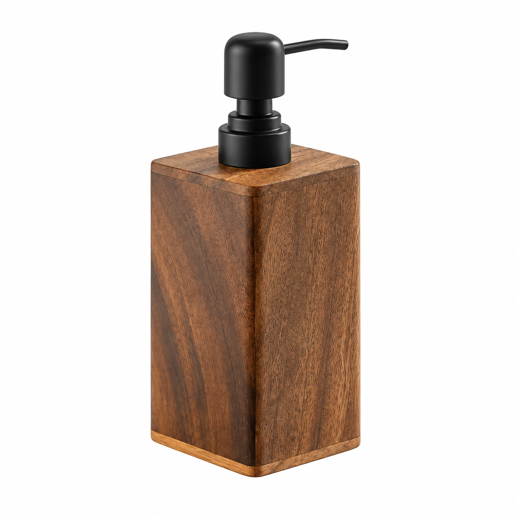 Rektangulär tvålpump i naturträ med svart pump