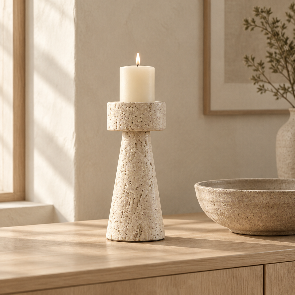 Ljusstake i travertin med blockljus på en sideboard i ek