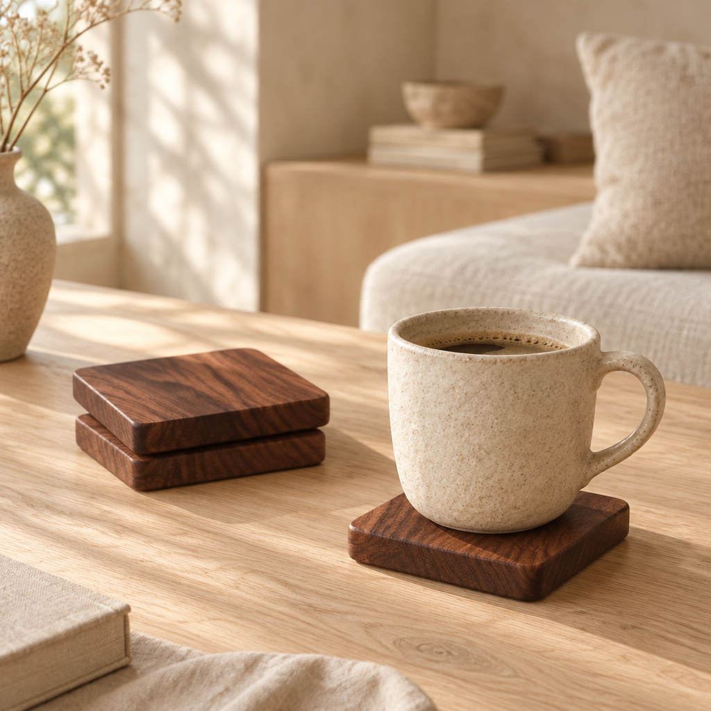 Glasunderlägg i valnöt med kaffekopp på ett soffbord i ek