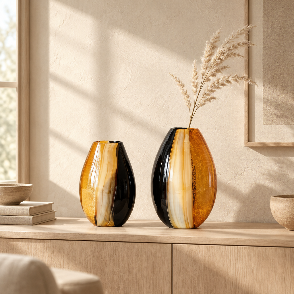 Droppformade glasvaser i bärnsten och svart på en sideboard i ek