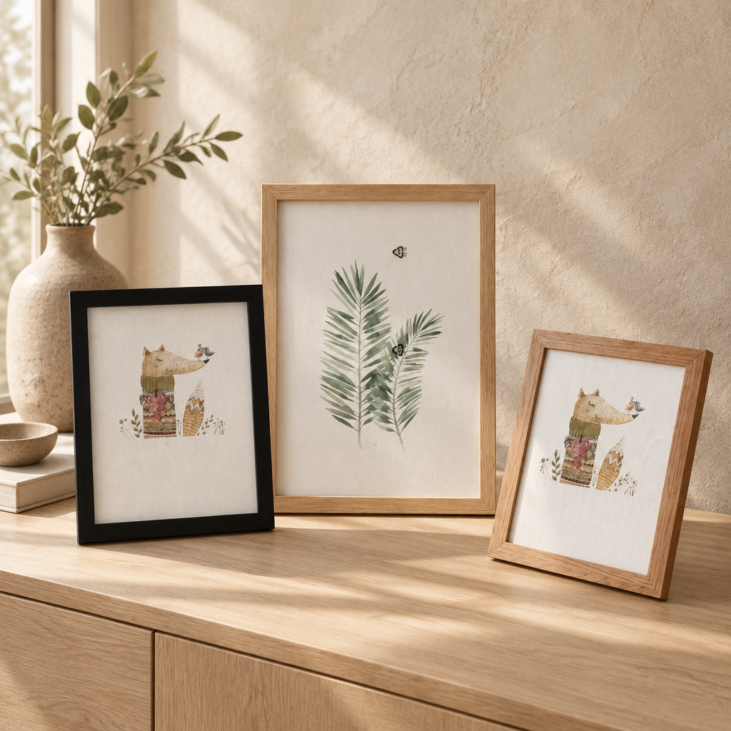 Fotoramar i trä i natur, vit och svart på en sideboard i ek