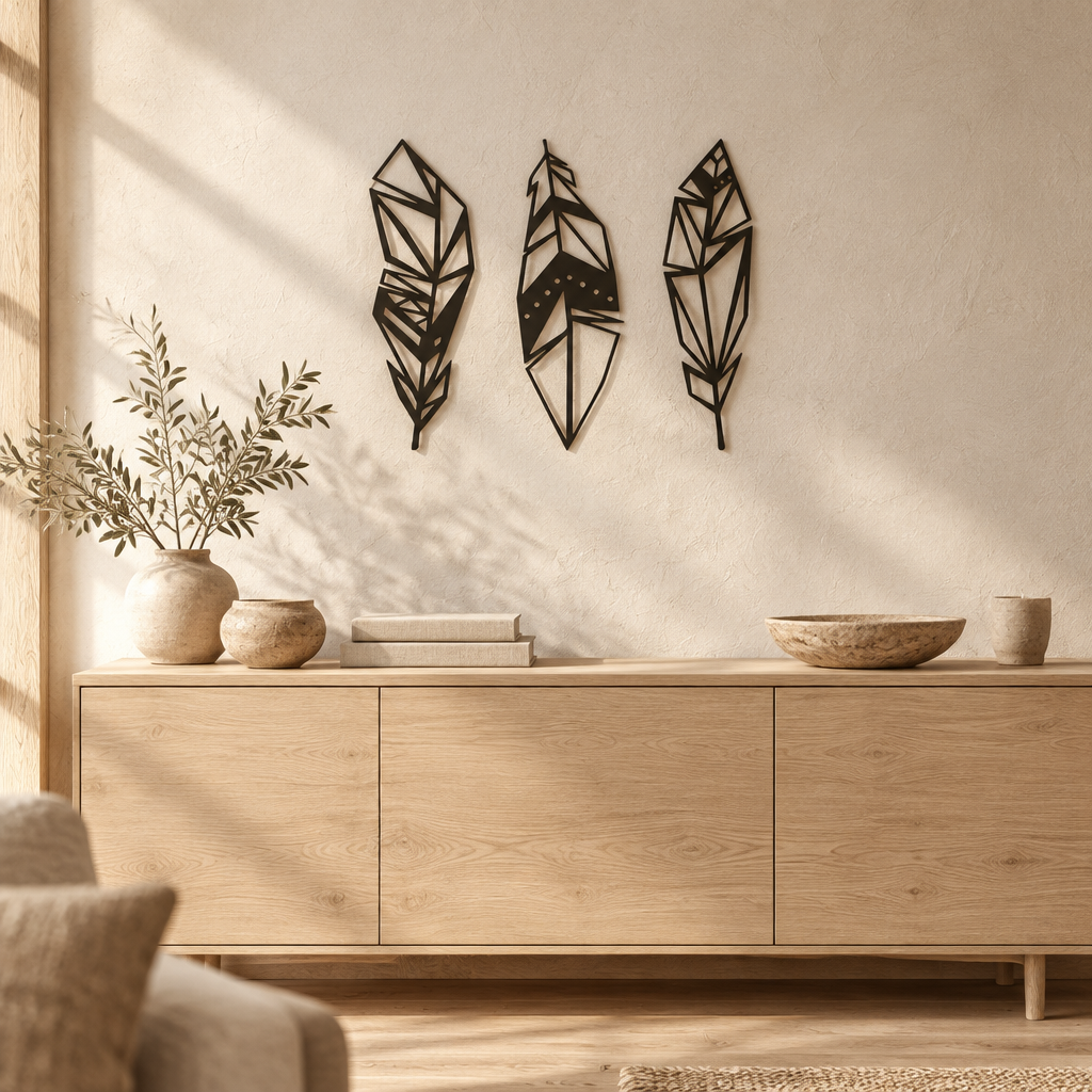 Tre fjädrar i svart metall på en kalkputsad vägg ovanför en sideboard