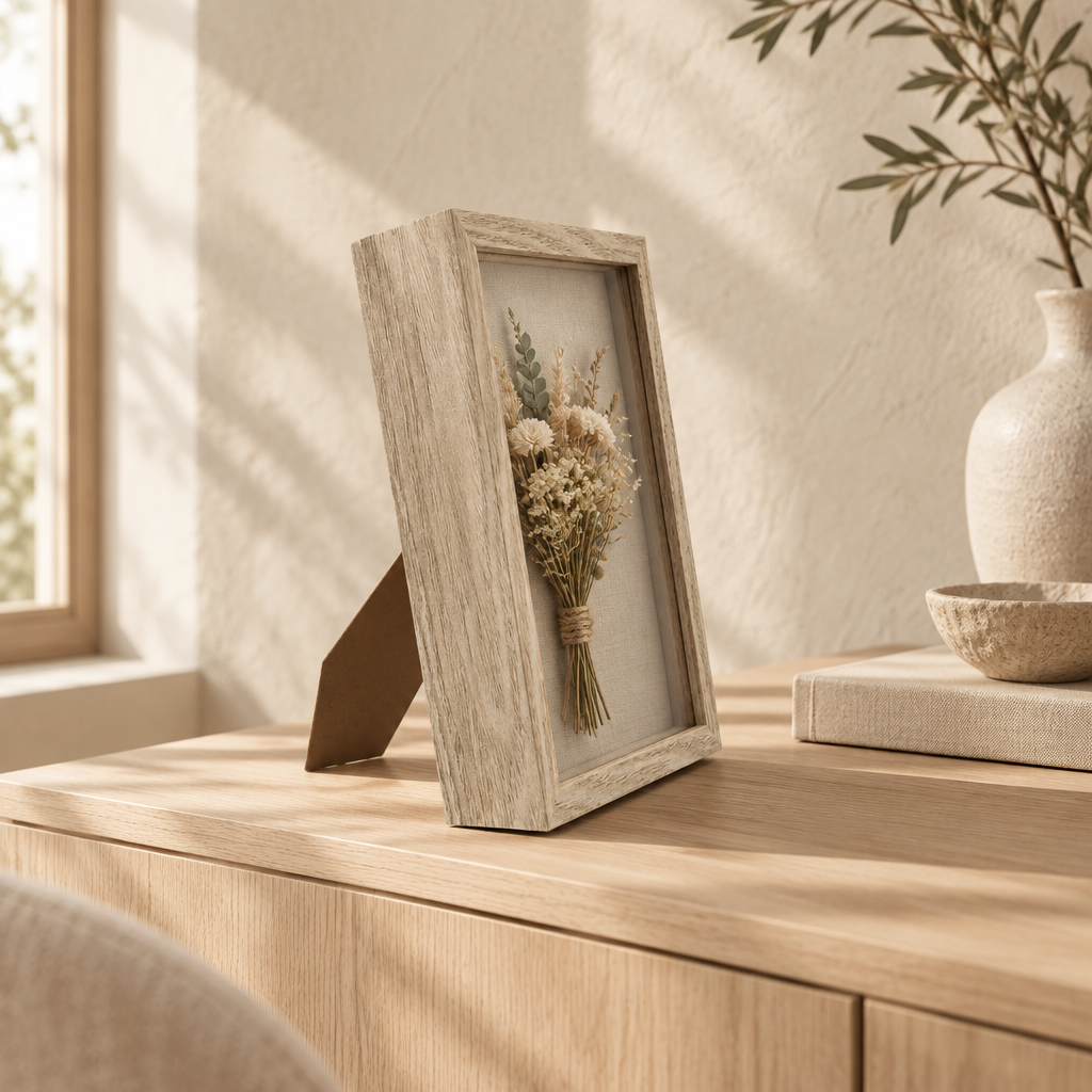 Djup boxram i grålaserat trä med torkade blommor på en sideboard
