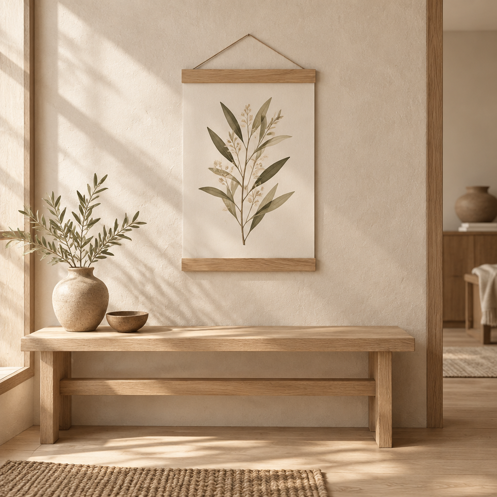 Posterhängare i trä med botanisk print på kalkputsvägg